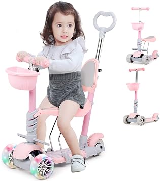 Hello-5ive 5-in-1 Kids Scooter, 3 Wheels Toddler Kick Scooter with LED Flashing Light UP Wheels, Removable Seat&Adjustable Handlebar&Push Handle, Lightweight Push Scooter for Age 1-8 Boys Girls