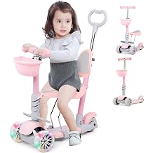 N-S 5 in 1 Kids Kick Scooter with Removable Seat and Push Rod, Adjustable Height Toddler Scooter for Girls & Boys 2-8 Years Old, with LED Flashing Lights, Sit or Stand Ride with Brake