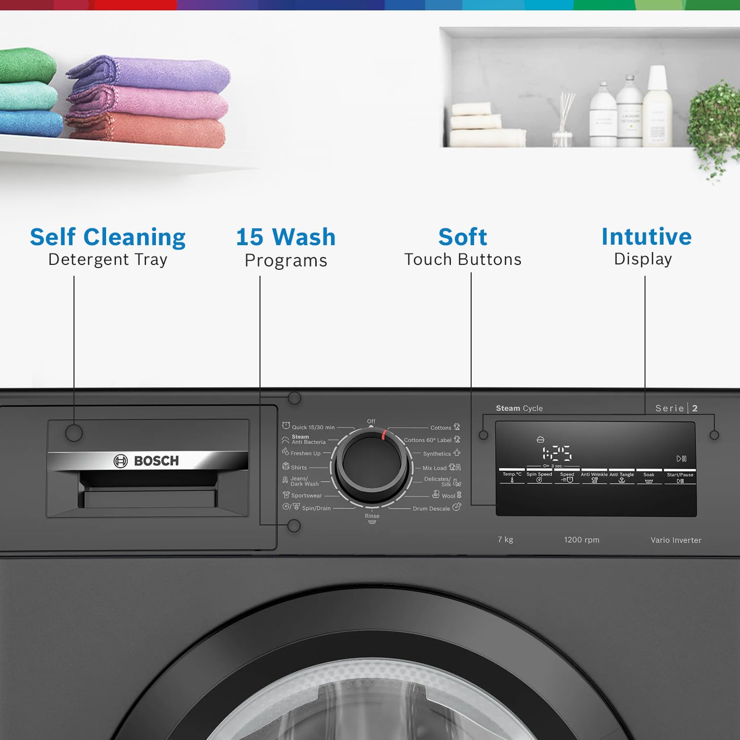 Bosch 7 kg 5 Star Fully-Automatic Front Loading Washing Machine (WAJ24209IN, Black, AI active water plus, In-Built Heater, BLDC Inverter motor, Steam) - Image 7