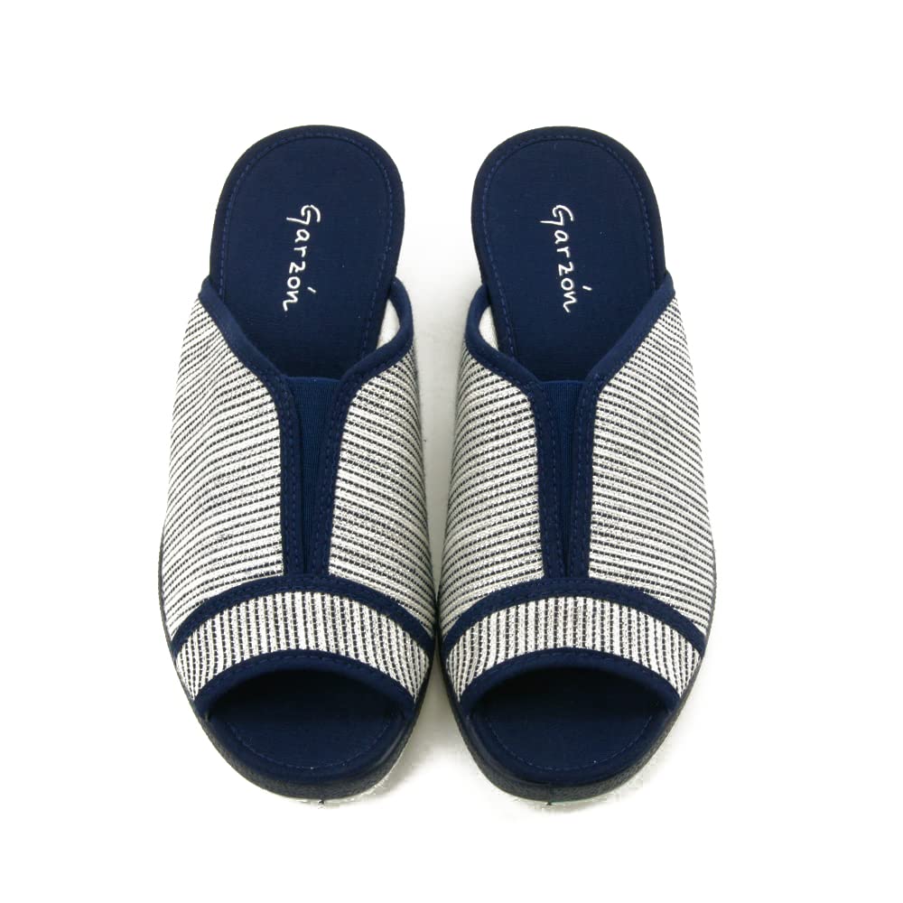 GARZON 740.083 Zapatilla De Casa Con Cuña: Elástico Central Y Suela De Goma Flexible Antideslizante – Azul Marino A Rayas