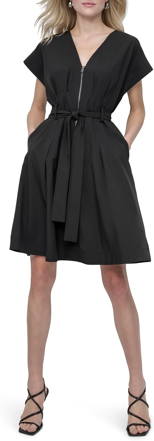 DKNY Womens Cap Sleeve V-Neck Belted Zipper Front Dress - Image 2