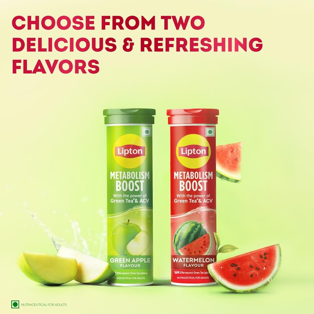 Lipton Metabolism Boost with 150mg Green Tea Catechins and 50mg ACV (Apple Cider Vinegar) | For Weight Loss & Fat Burn | Zero Calories | 16N Effervescent Tablets | Watermelon Flavour 3