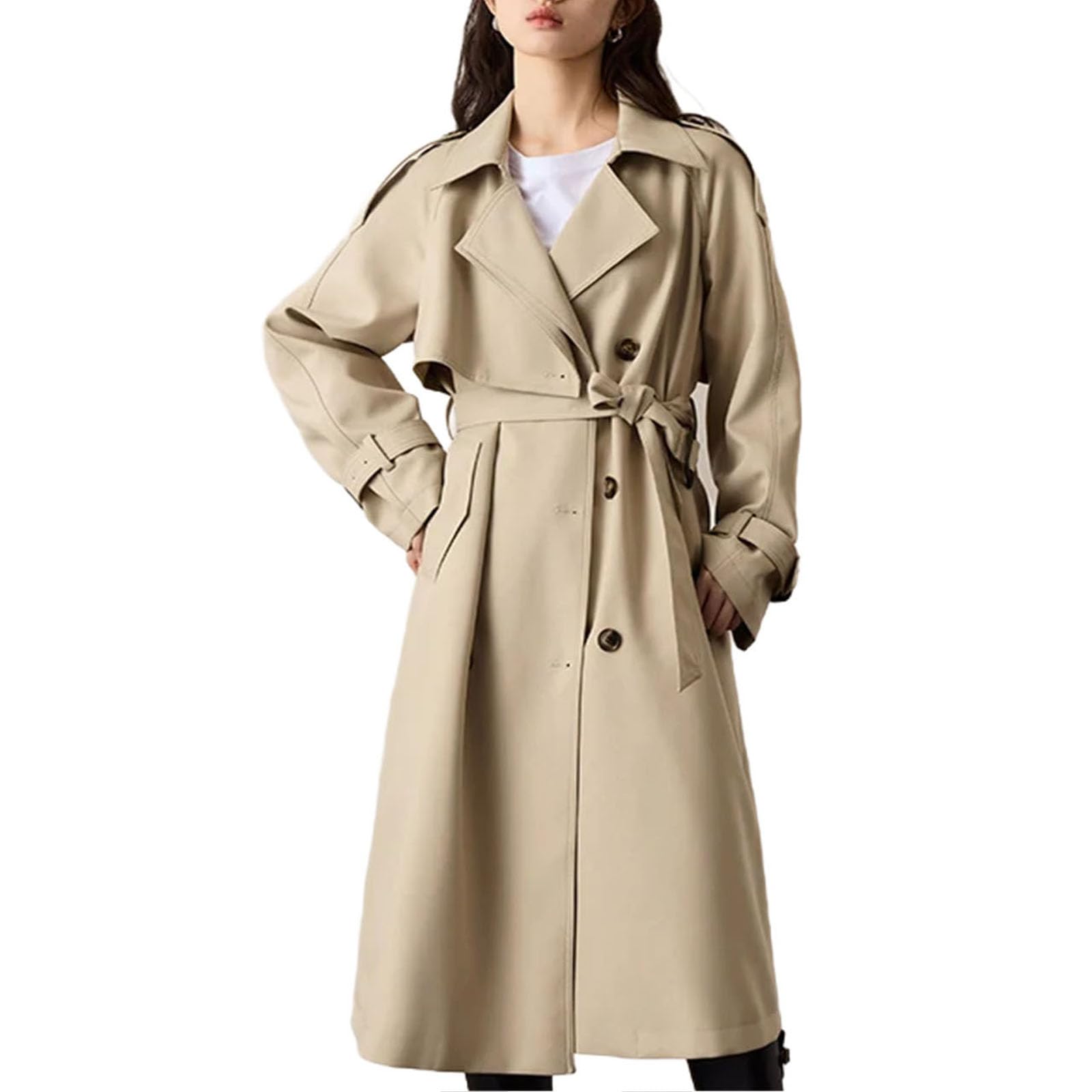 Womens British Style Double Breasted Casual Trench Coats Long Temperament Black Trench Jackets Straight Coat
