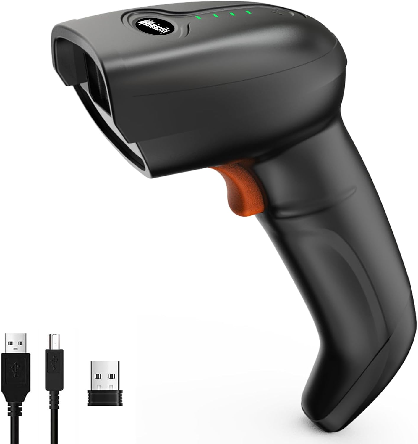 Alacrity 2.4GHz Wireless Laser Barcode Scanner with USB cable and 2.4GHz dongle.