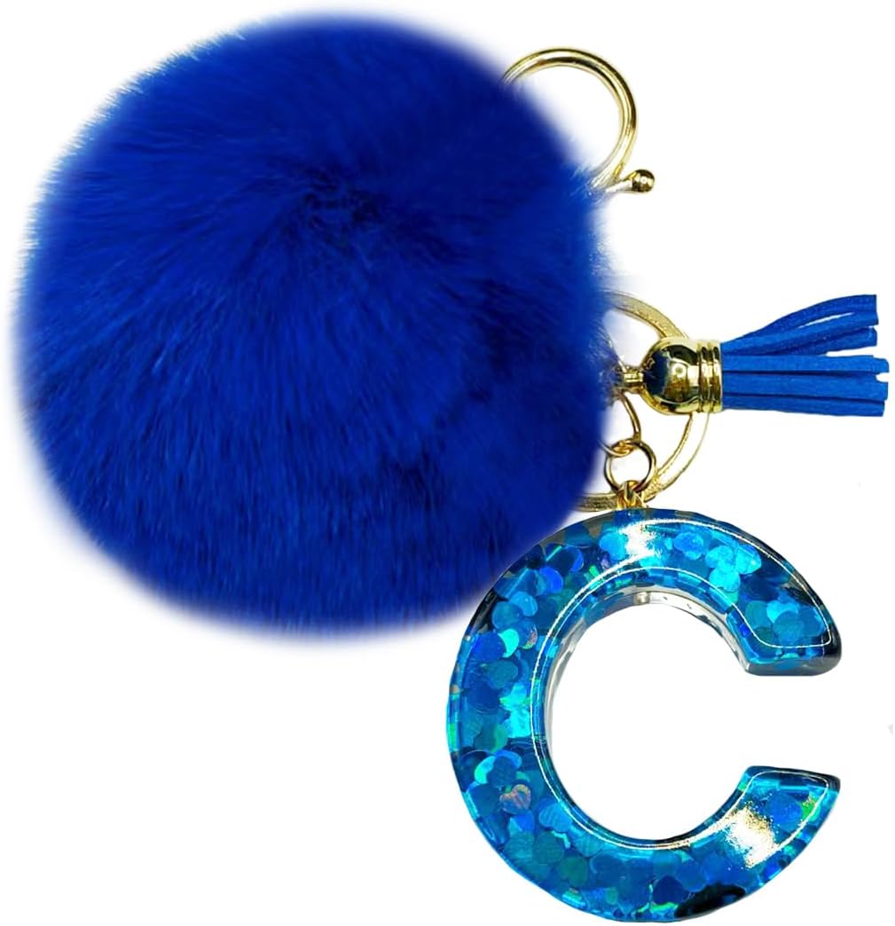 jtkdxqs A-Z letter key chain Royal Blue with Ball Pom pom keychain for Women Accessories image 4