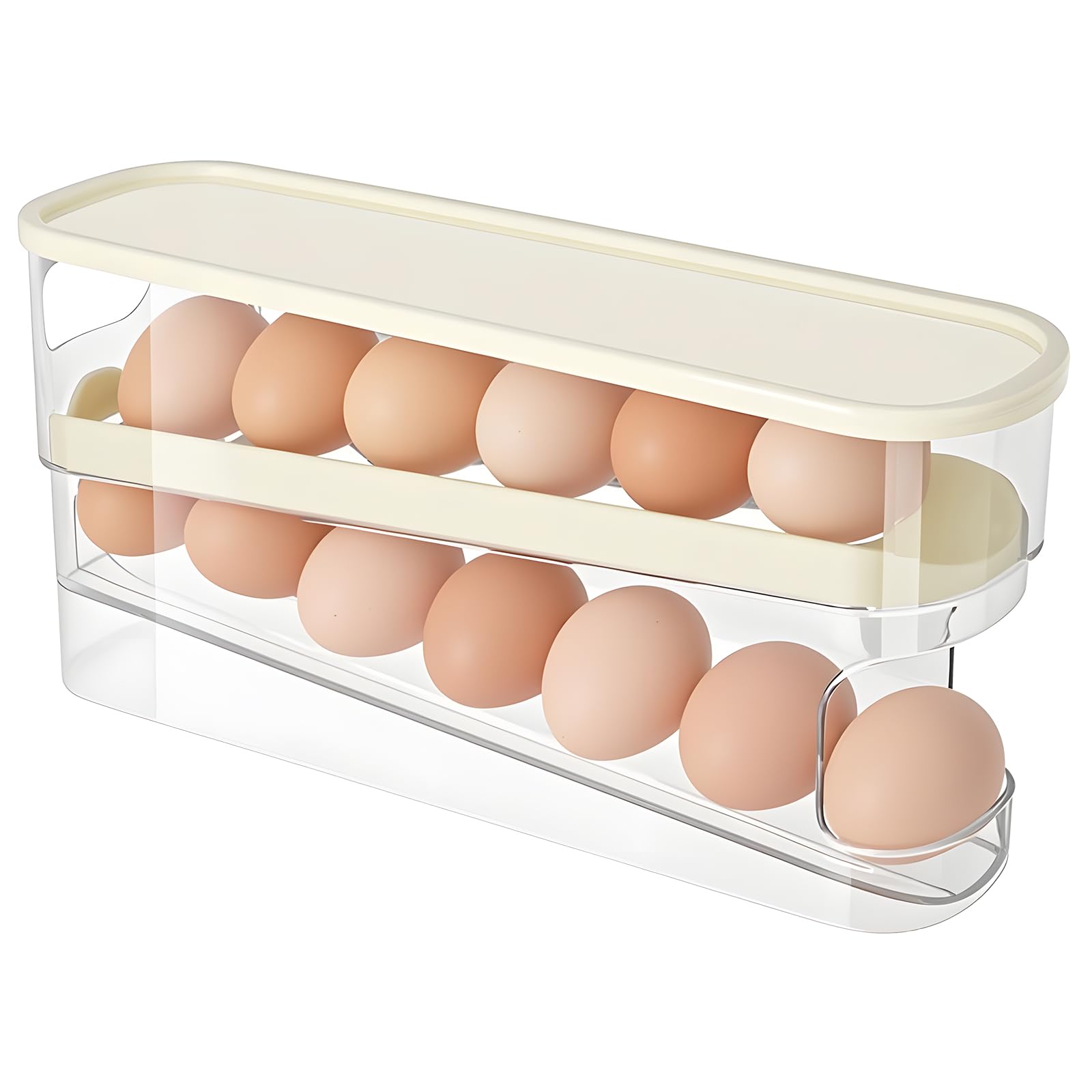 HOTUT 2 Tier Egg Holder for Fridge,Rolling Egg Dispenser Rack,Space Saving Tray,Side-door Fridge Organizer for Kitchen Refrigerator Table (Transparent white)