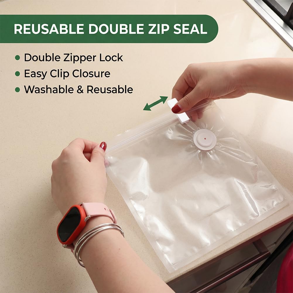 30 Pack Reusable Vacuum Sealer Bags for Food, S+M+L Food Storage Bags with Air Valve, Zipper Seal, Sous Vide, Microwave & Freezer Safe, Leak-Resistant, with 3 Sealing Clips