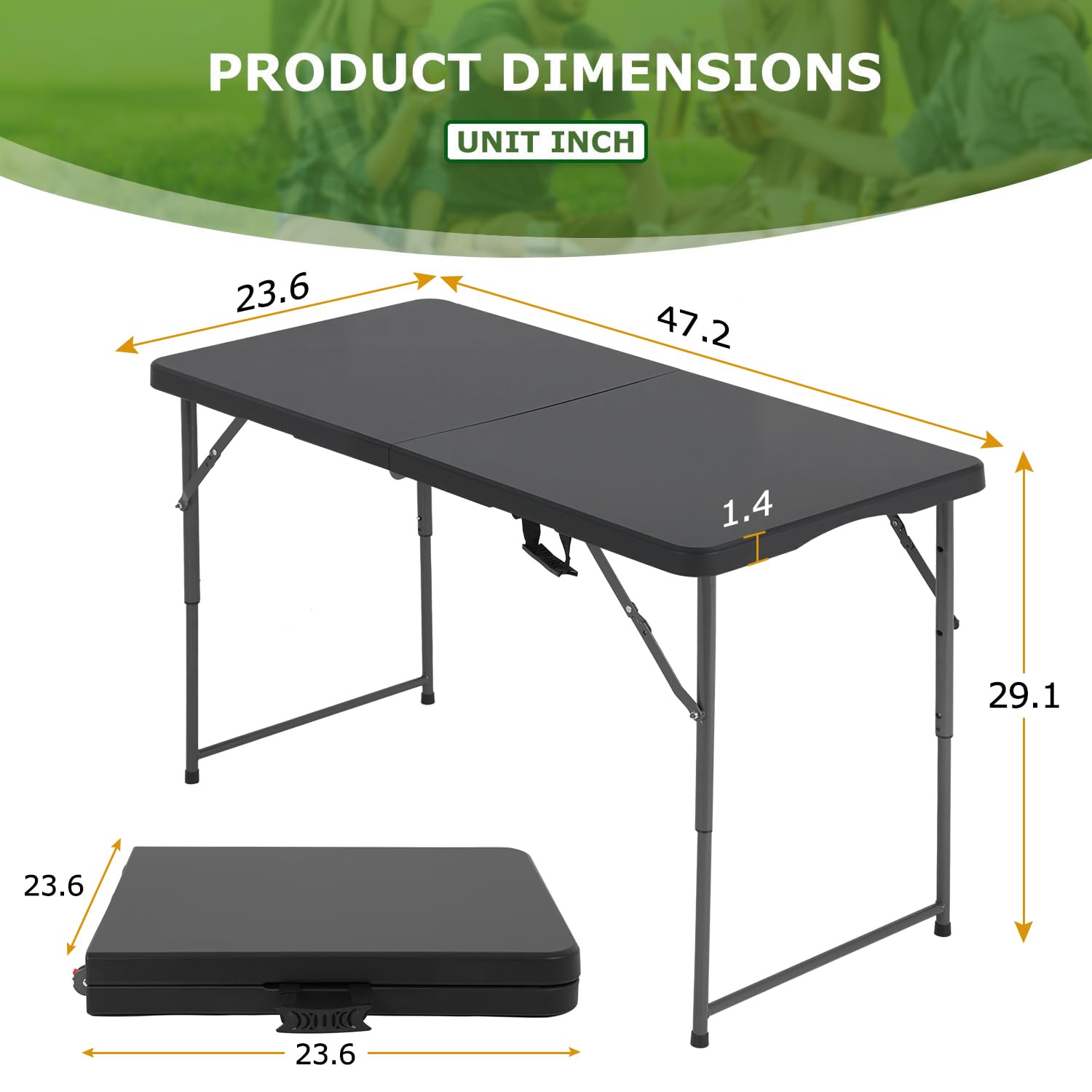 BestOffice 4 FT Picnic Table Folding Table Camping Plastic Table Fold Up Table Lock for Party Event, Black — view 3