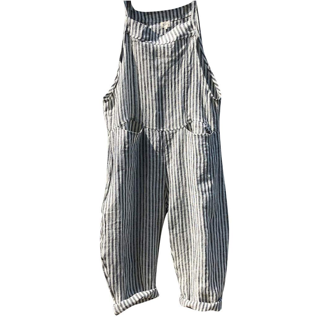 HARRYSTORE Womens Stripe Plunge Jumpsuits Loose Harem Adjustable Strap Jumpsuit Dungarees with Pockets Overall Casual Playsuits Prime Clearance