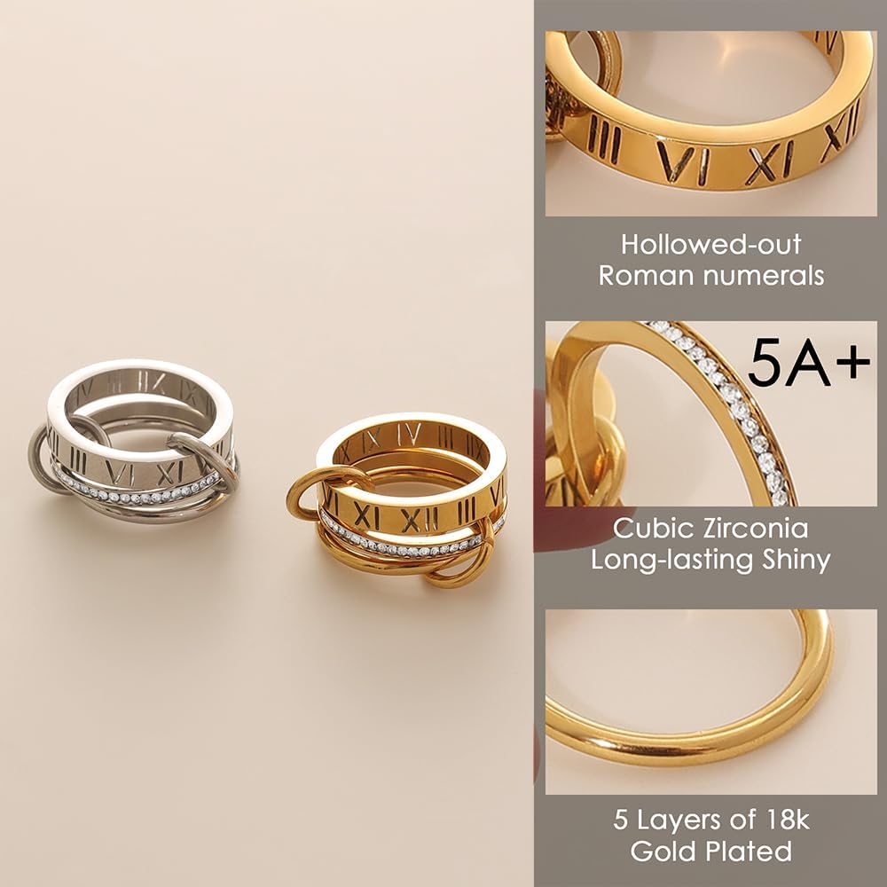 JINHUI 18k Gold Plated Rings Interlocked Stackable Rings for Women,Non Tarnish Statement Ring Set With Dainty Cubic Zirconia Stainless Steel Multi Ring Stack Charms Ring Fashion Jewelry for Women (Roman, Gold, 8) - Image 5