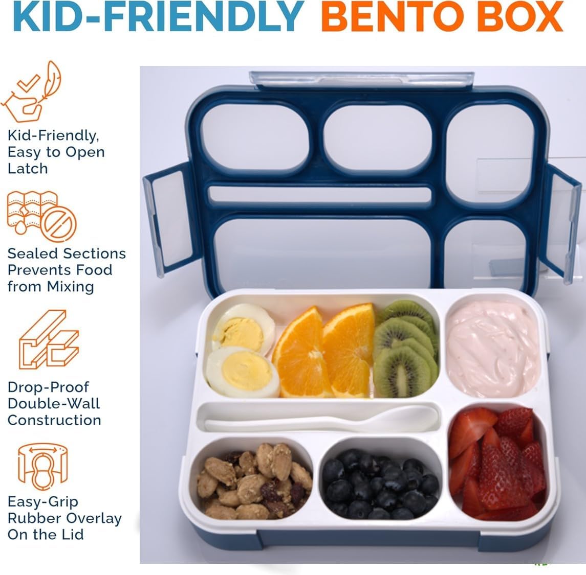 Bento Lunch Box Kids, Leakproof Lunch Containers for Boys Girls Adults with 6 Compartments - School, Daycare, Meal Planning Portion Control Container, BPA-Free Boxes, Utensils, Navy Blue: Home & Kitchen