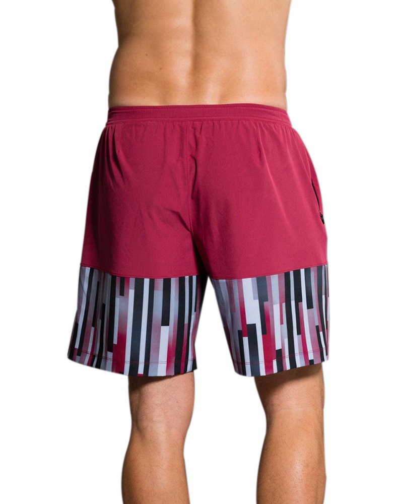 Onzie Hot Yoga Mens Board Shorts 503 Crimson/Linear Geometric (Crimson/Linear Geometric, Medium/Large)
