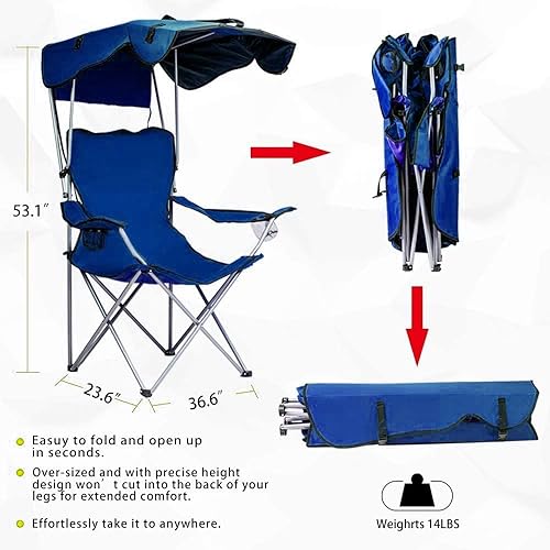 Miniatura 3 de PLKO Sillas de camping con toldo, silla de césped portátil cuádruple para adultos, silla reclinable plegable con portavasos para eventos al aire