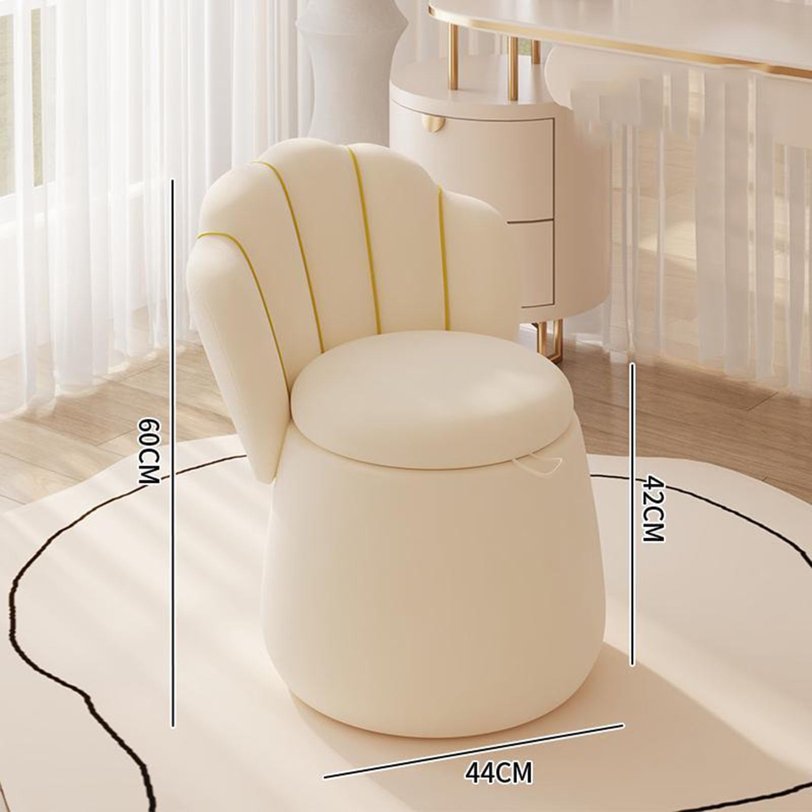 Sgabello Ottomano In Velluto Con Gambe Dorate - Pouf Per Trucco, Poggiapiedi, Divano, Crema - Foto 2