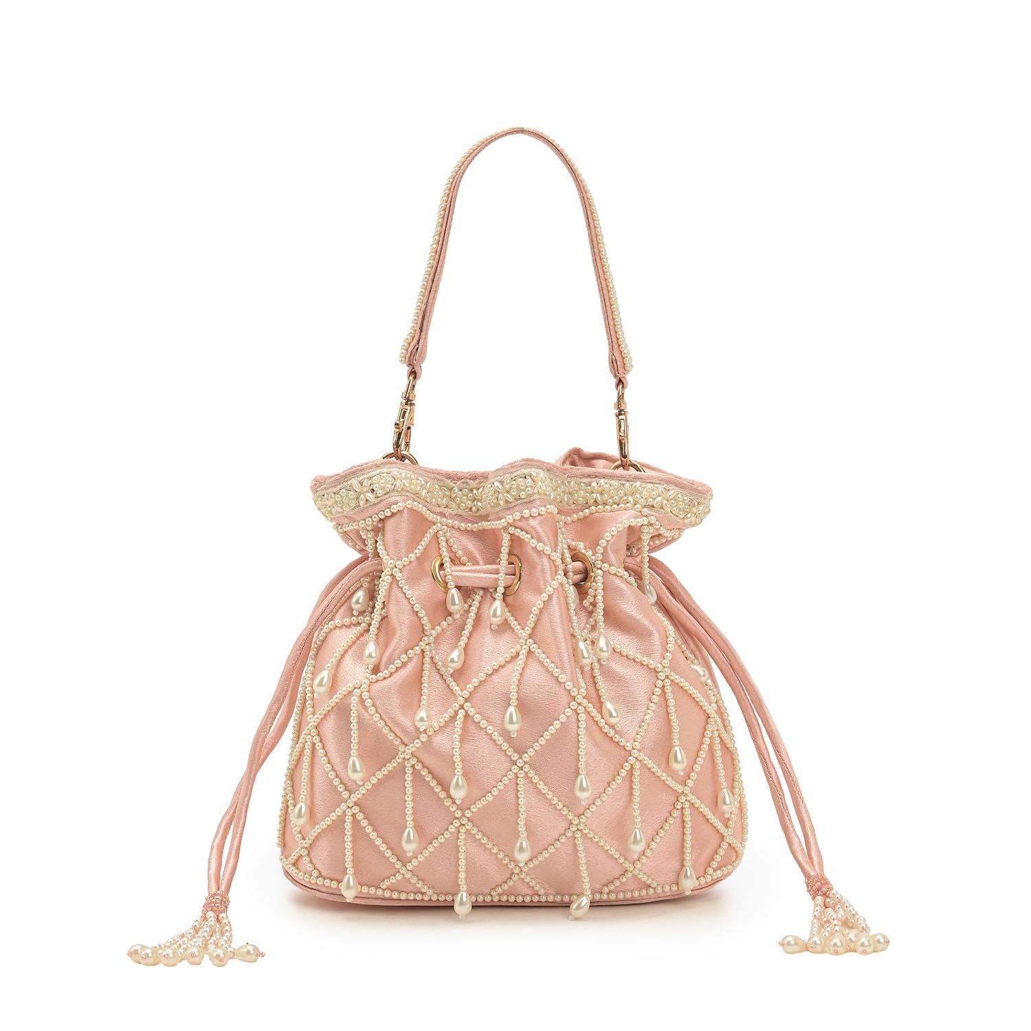 Princess Rosélle Potli Handbag Elegant Women Handbag with Pearl Drop Embellishments Blush Pink Satin Drawstring Bag with Tassels Lace Pattern Border Festive Wedding Party Clutch Ladies Bag-image-36