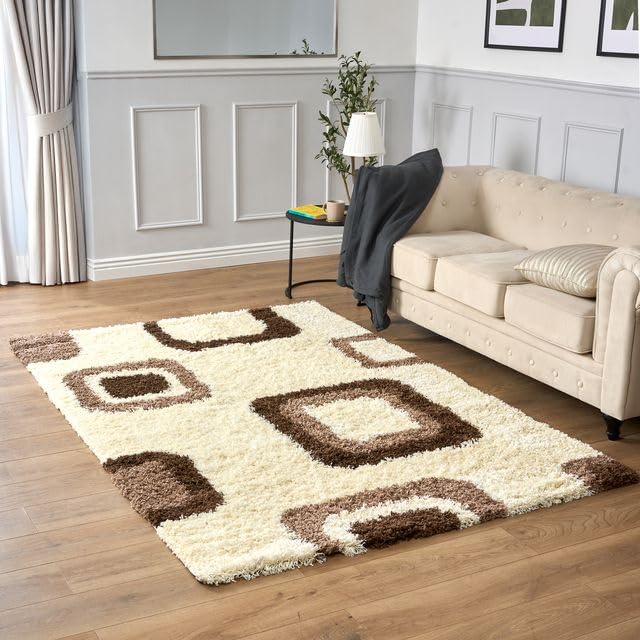 Bravich Large Cream Brown Beige and Ivory Cube Boxed Pattern Geometric Square Design Mix Thick Shag 5cm Super Soft High Deep Pile Shaggy Area Rug/Living Room Rug Carpet 120x170 cm (4ft x 5ft6) — image 1