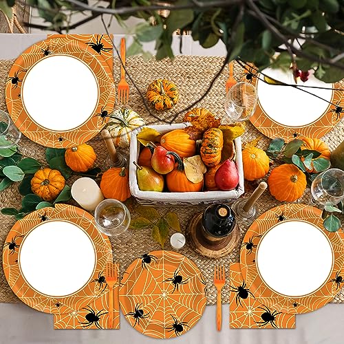 Image of 100 Pcs Spiderweb Party Plates and Napkins - Black and White Halloween Tableware Set for 25 Guests