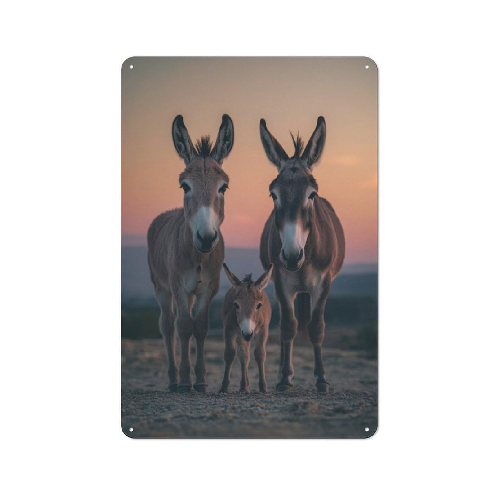 Junmoney Donkey Family At Sunset Tin Sign 30X20cm For Workshop Wall, Rustic Wall Decor, Suited To Workshop Decor Fans