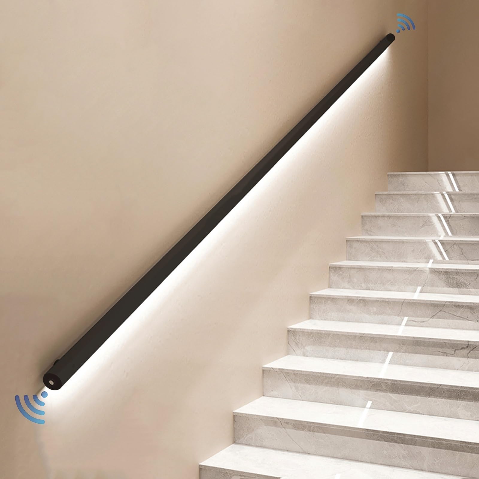 Pasamanos de Escalera con Luz LED Sensor de Luz, Pasamanos de Pared para Escaleras Interiores, Pasamanos Metálicos para Escaleras, Negro Mate(230cm)