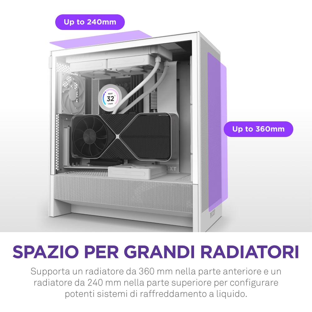 NZXT H5 Flow - Case per PC da gaming mid-tower ATX compatto - Flusso d'aria elevato - 2 ventole da 120 mm incluse - Supporto per radiatori da 360 mm (anteriore) e 240 mm (superiore) - Bianco