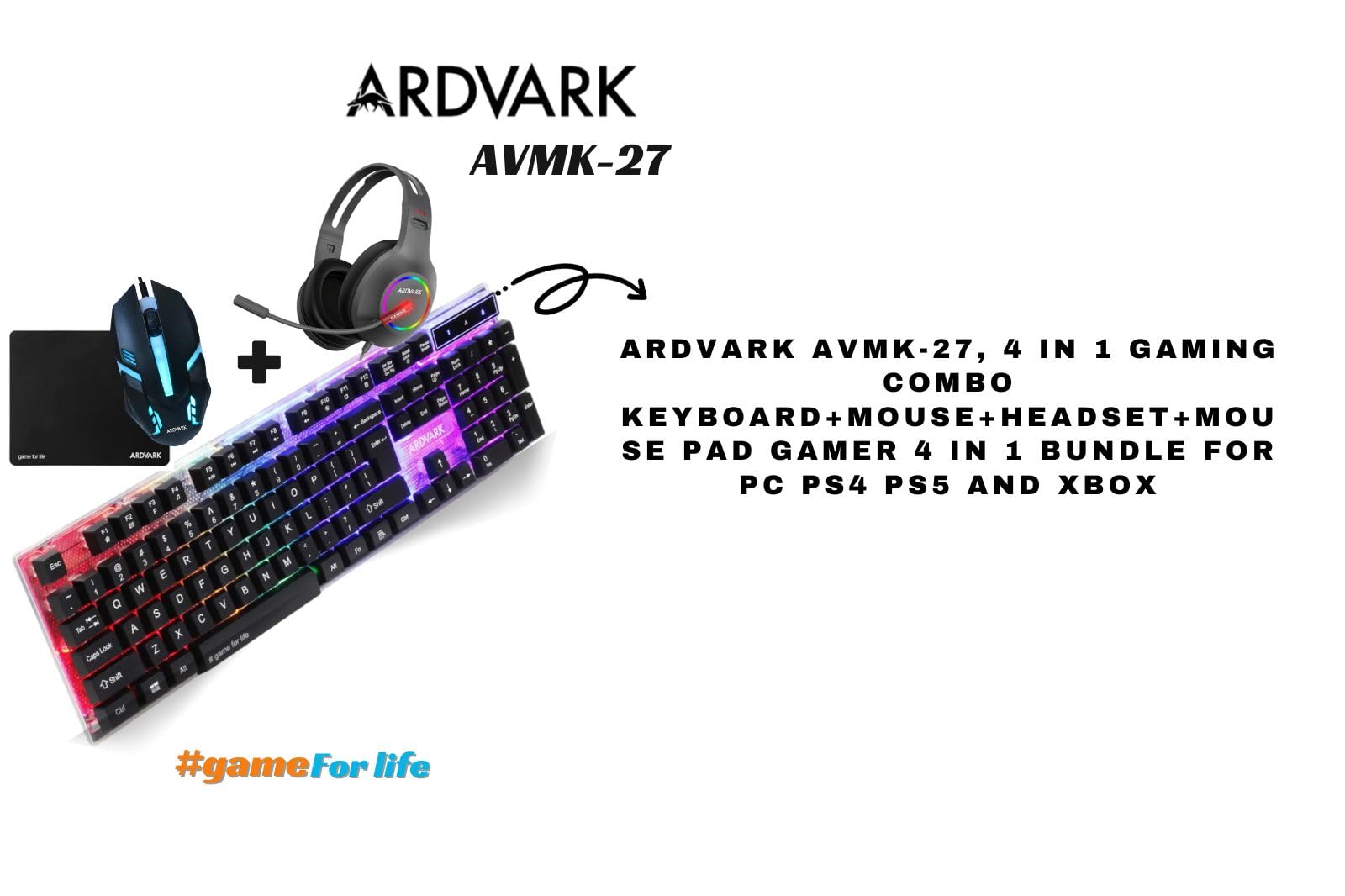 ARDVARK AVMK-27 Gaming Keyboard and Mouse and Headset, 4 in 1 RGB Gaming Bundle Set Up to Game - Gaming Mouse and Keyboard Combo Kit Works with Xbox One, PS5, PS4, PC – Black (B0CM6KNFKT) Amazon Price History, Amazon Price Tracker