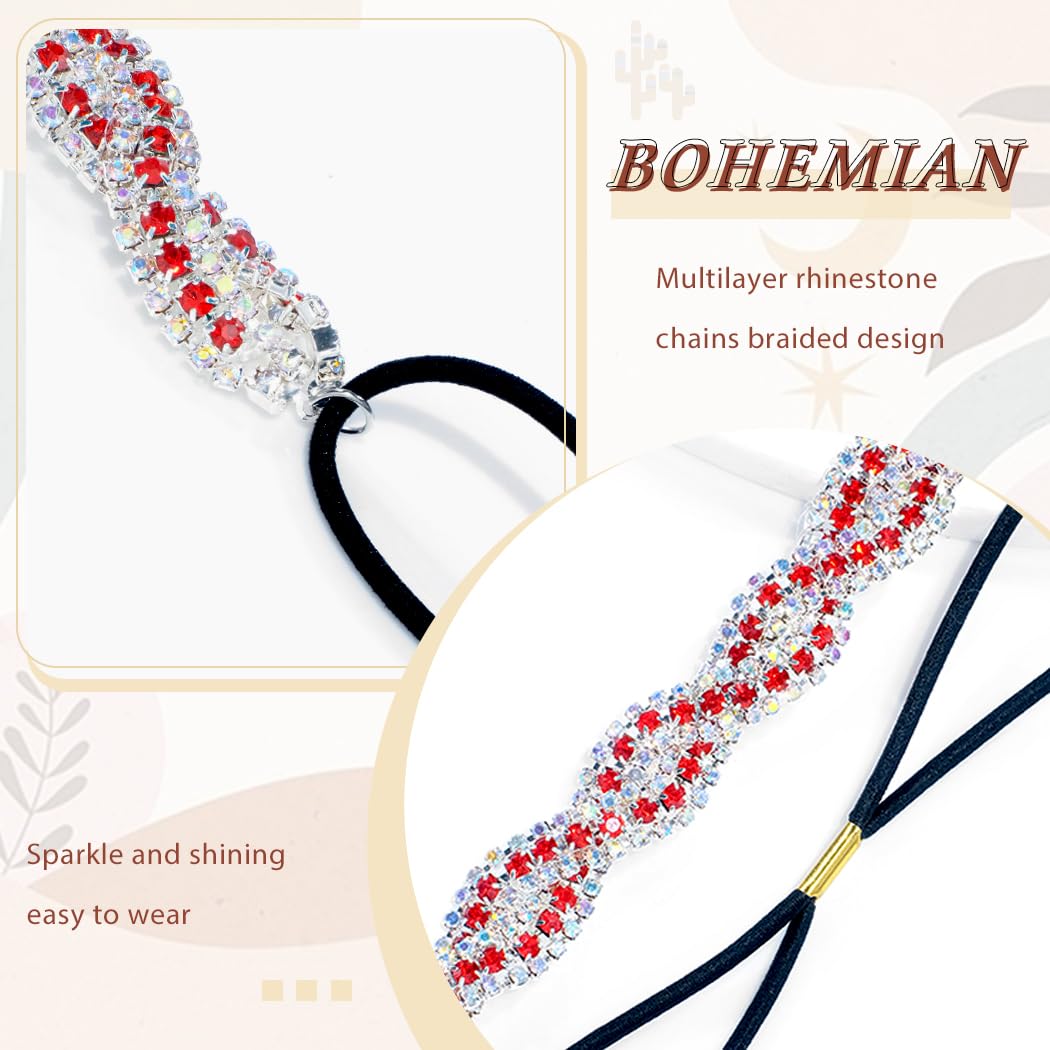 Women's Rhinestone Headbands Sparkly Elestic Hairband Vintage Metal Headbands Sparkly Elegant Party Daily Head Chain (Red-Silver, M) - Image 2