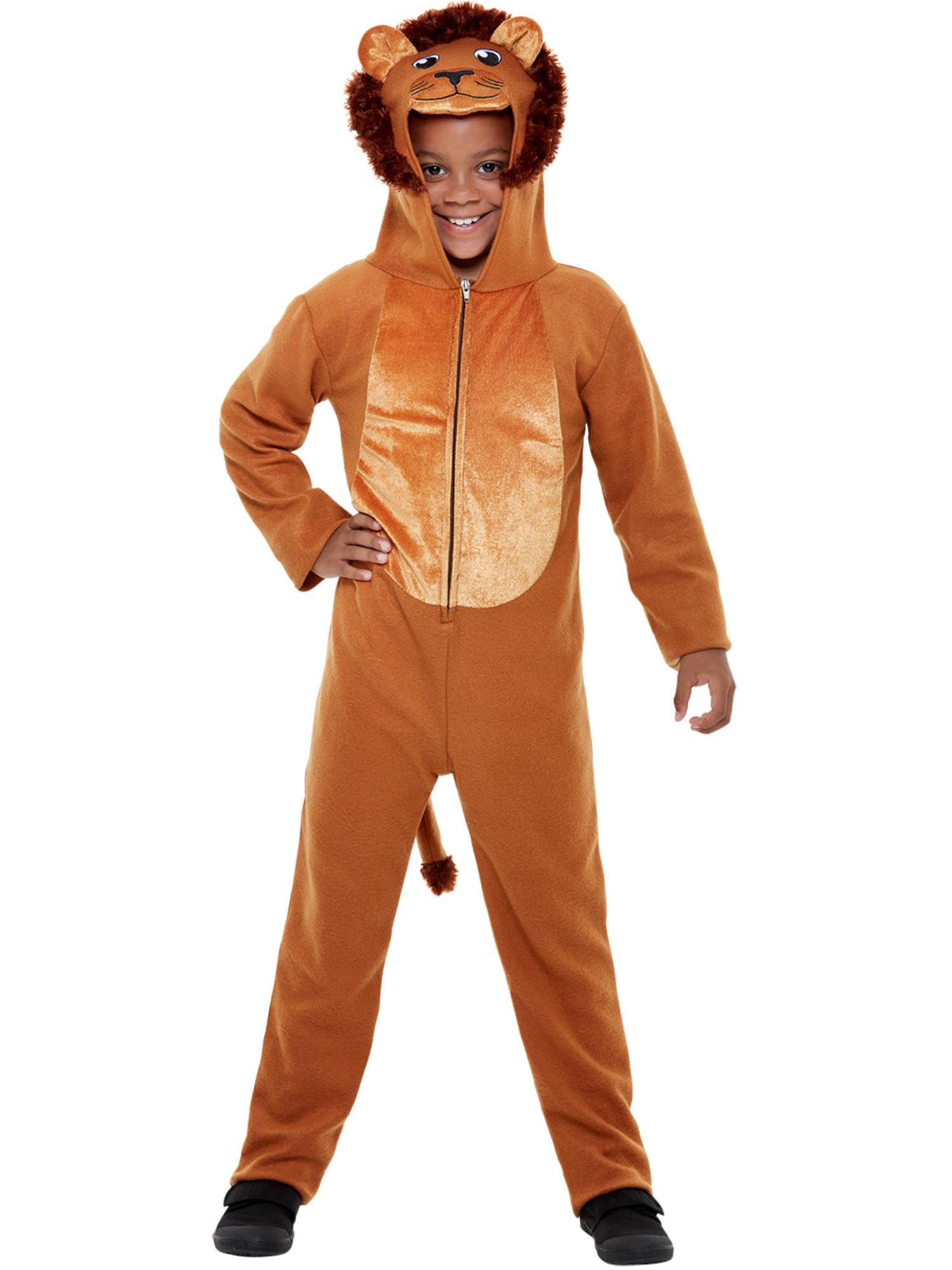 Smiffys Lion Costume, Brown with Hooded Jumpsuit, Children's Animal Fancy Dress, Animal Dress Up Costumes