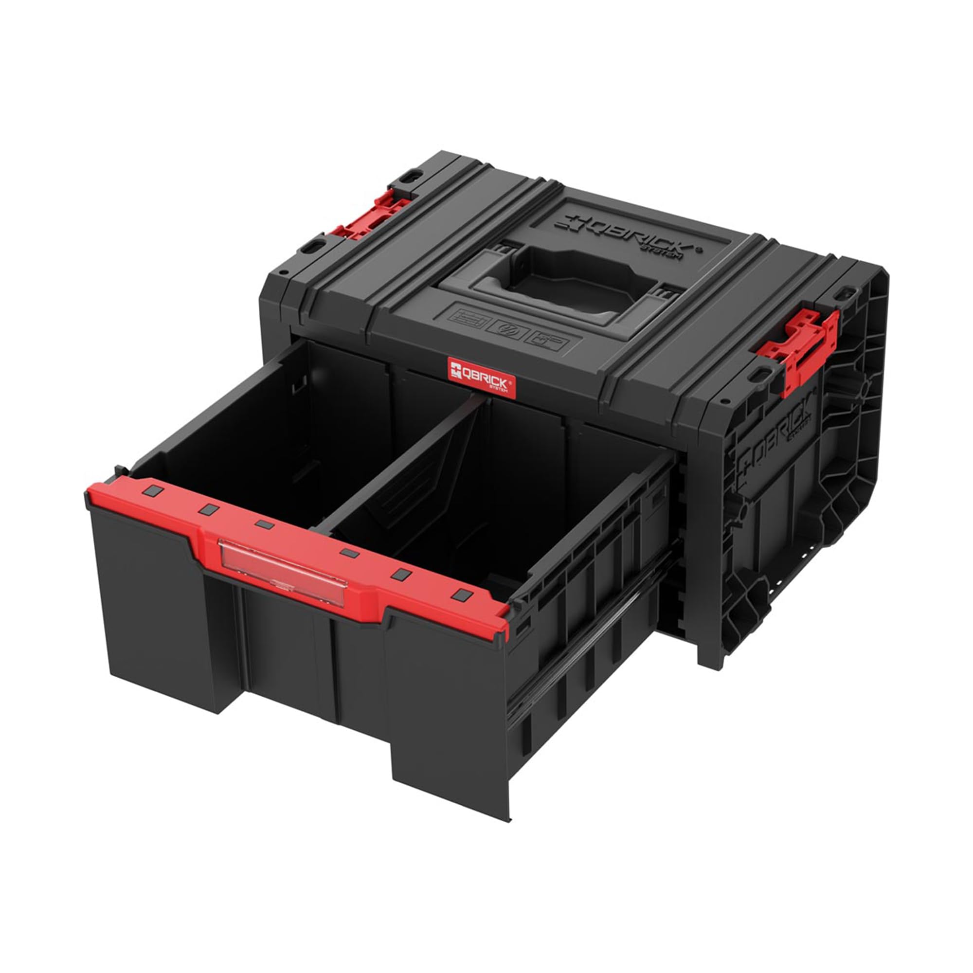 Cajón extra profundo para herramientas grandes: la caja de herramientas Qbrick cuenta con un cajón grande totalmente extraíble, ideal para herramientas eléctricas, herramientas de mano grandes y