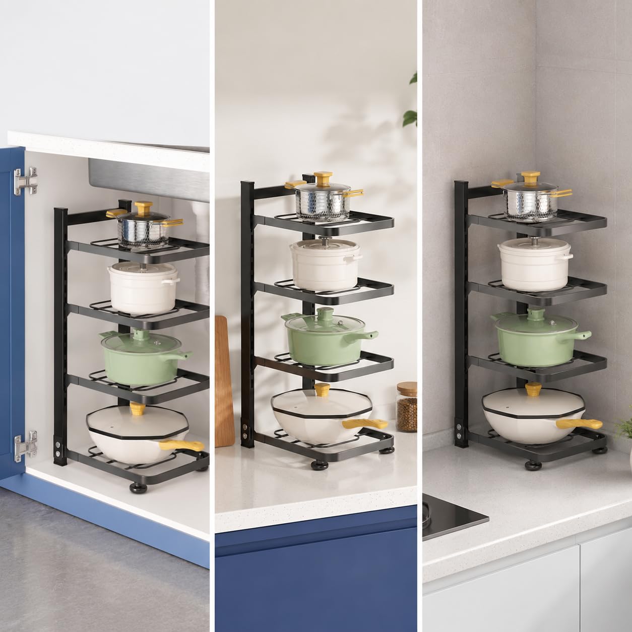 Homyl Organisateur sous évier en métal, étagère rangement pour cuisine, pot rack robuste et réglable, four-layer