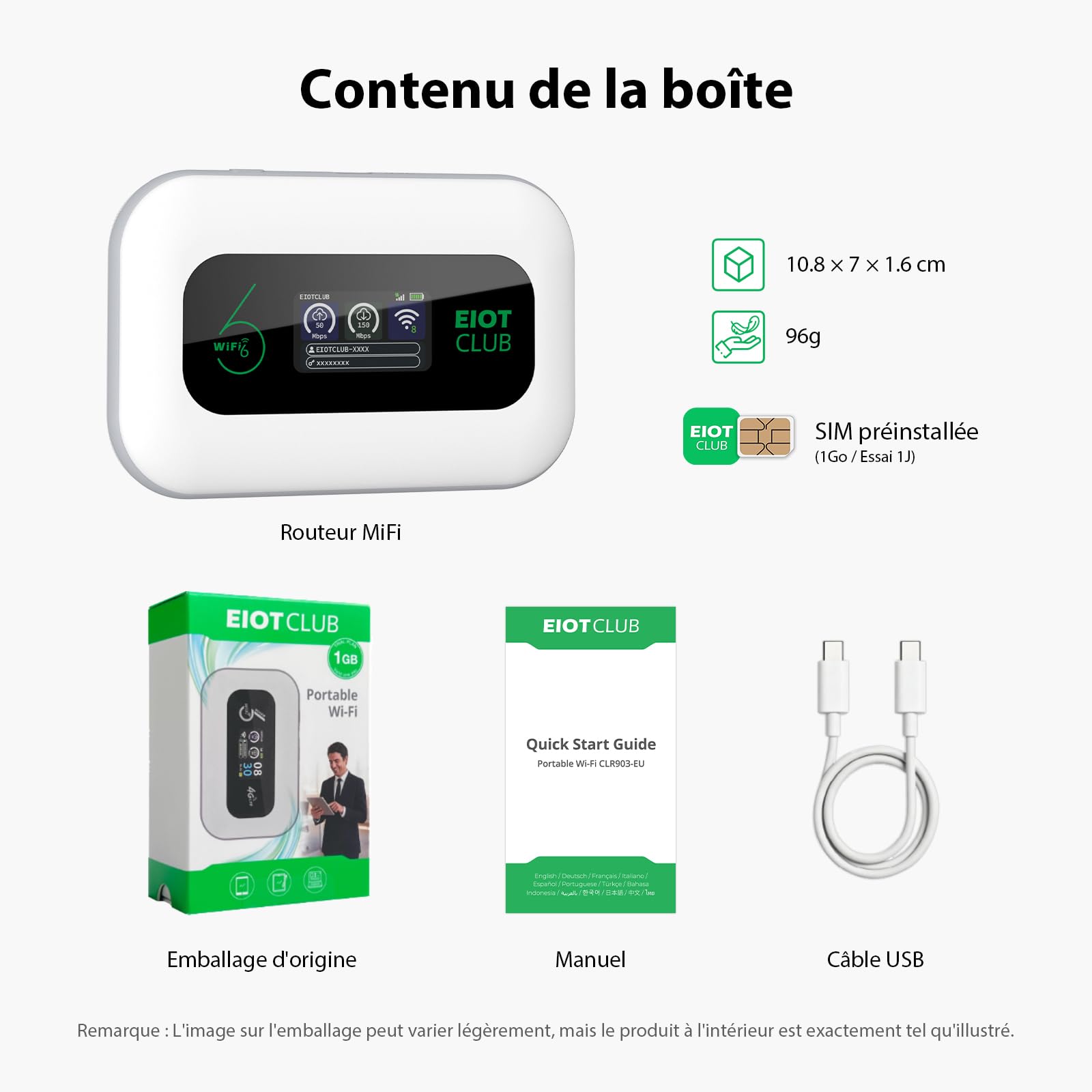EIOTCLUB Routeur 4G Portable 3000mAh, SIM Europe Inclus 1Go sans Abonnement | SIM UE Intégrée (33 Pays) | WiFi 6 Mobile (150Mo/s, 2,4GHz) | WPA3, 32 Appareils, Écran LCD, Voyage & Camping