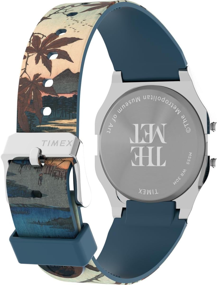 Back view of the Timex TW2W25300 watch, showing the engraved case back with Timex and The Met logos, and water resistance rating.