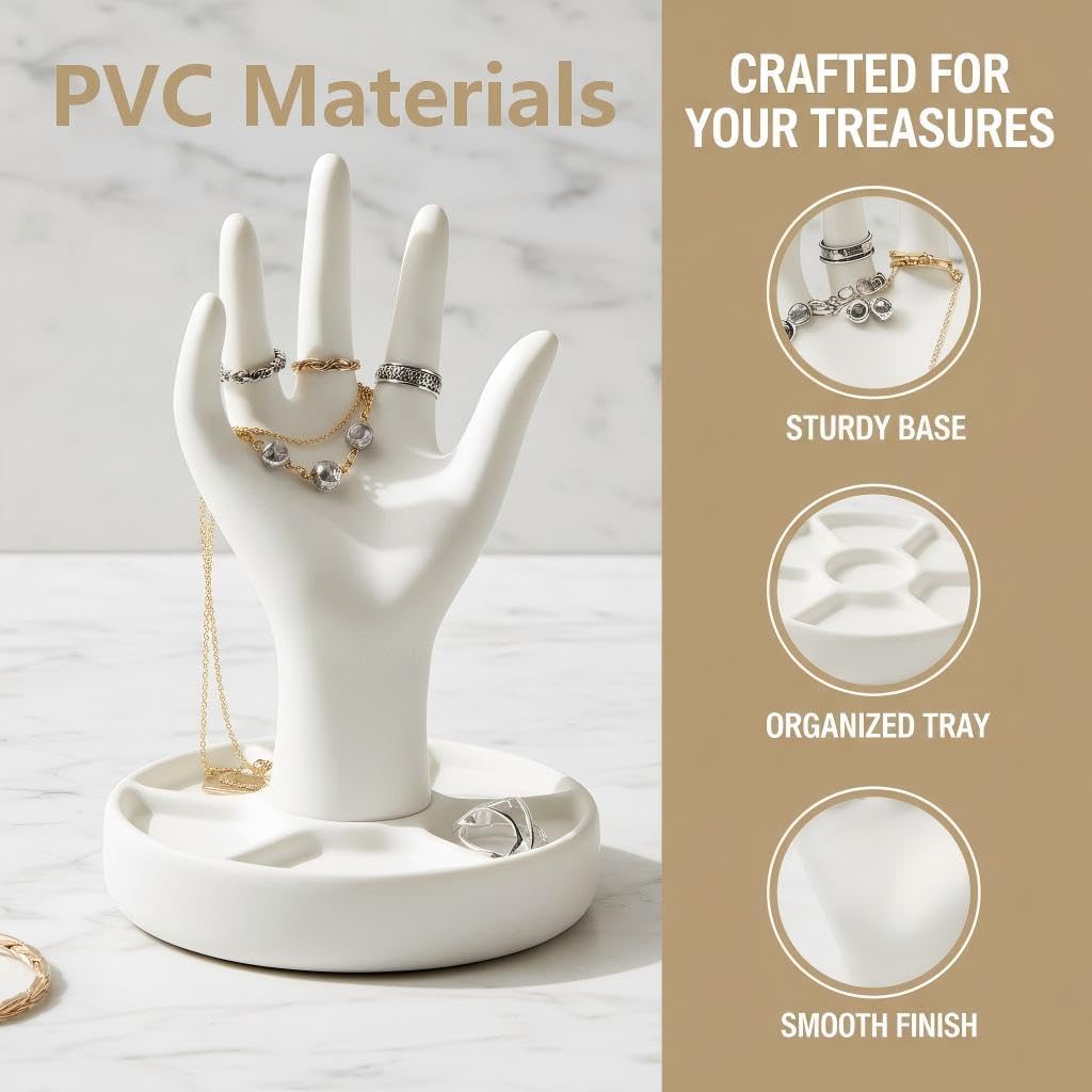 5-Finger Hand Jewelry Display Stand with Tray, Finger Ring Bracelet Watch Holder Organizer for Vanity Dresser Countertop, Jewelry Storage Rack for Earrings Necklaces, White