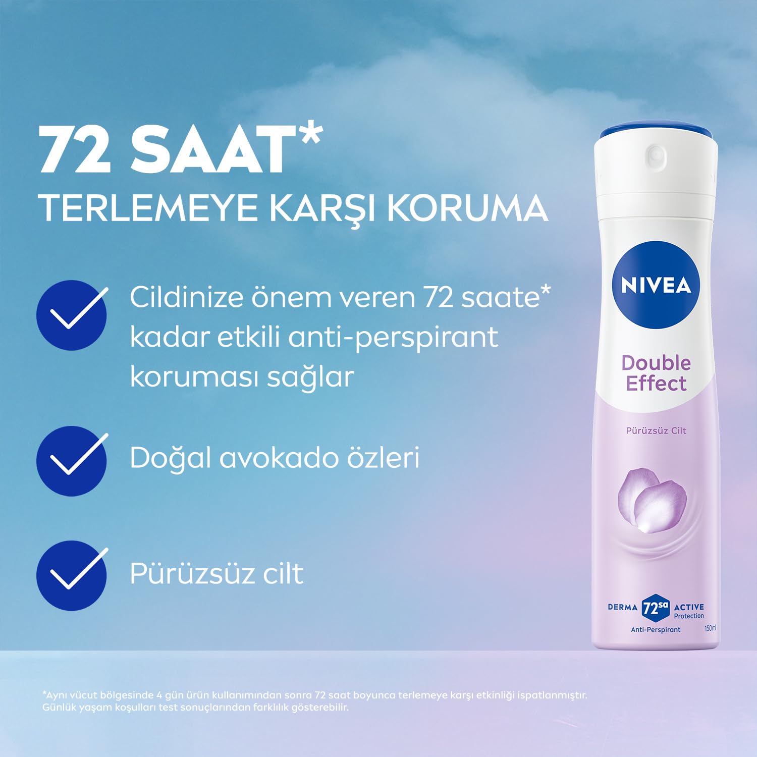 NIVEA Kadın Sprey Deodorant Double Effect 150ml, 72 Saat Anti-perspirant Koruma, Alkolsüz, Pürüzsüz Cilt, Doğal Avokado Özleri