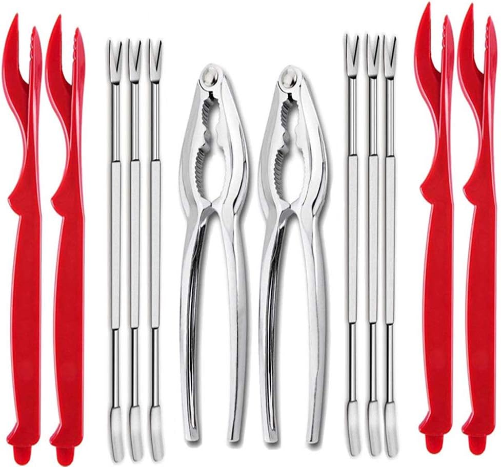 12 Pcs Crab Leg Crackers and Tools Set, Including 2 Crab Leg Crackers, 4 Red Lobster Shellers and 6 Crab Forks/Picks