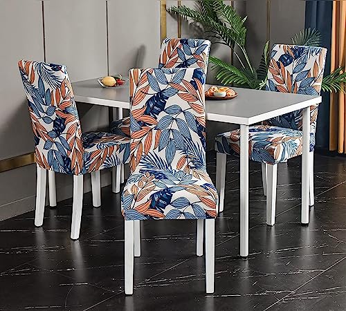Image of House of Quirk Elastic Chair Cover Stretch Removable Washable Short Dining Chair Cover Protector Seat Slipcover (Pack of 2, Blue /Orange Leaf)