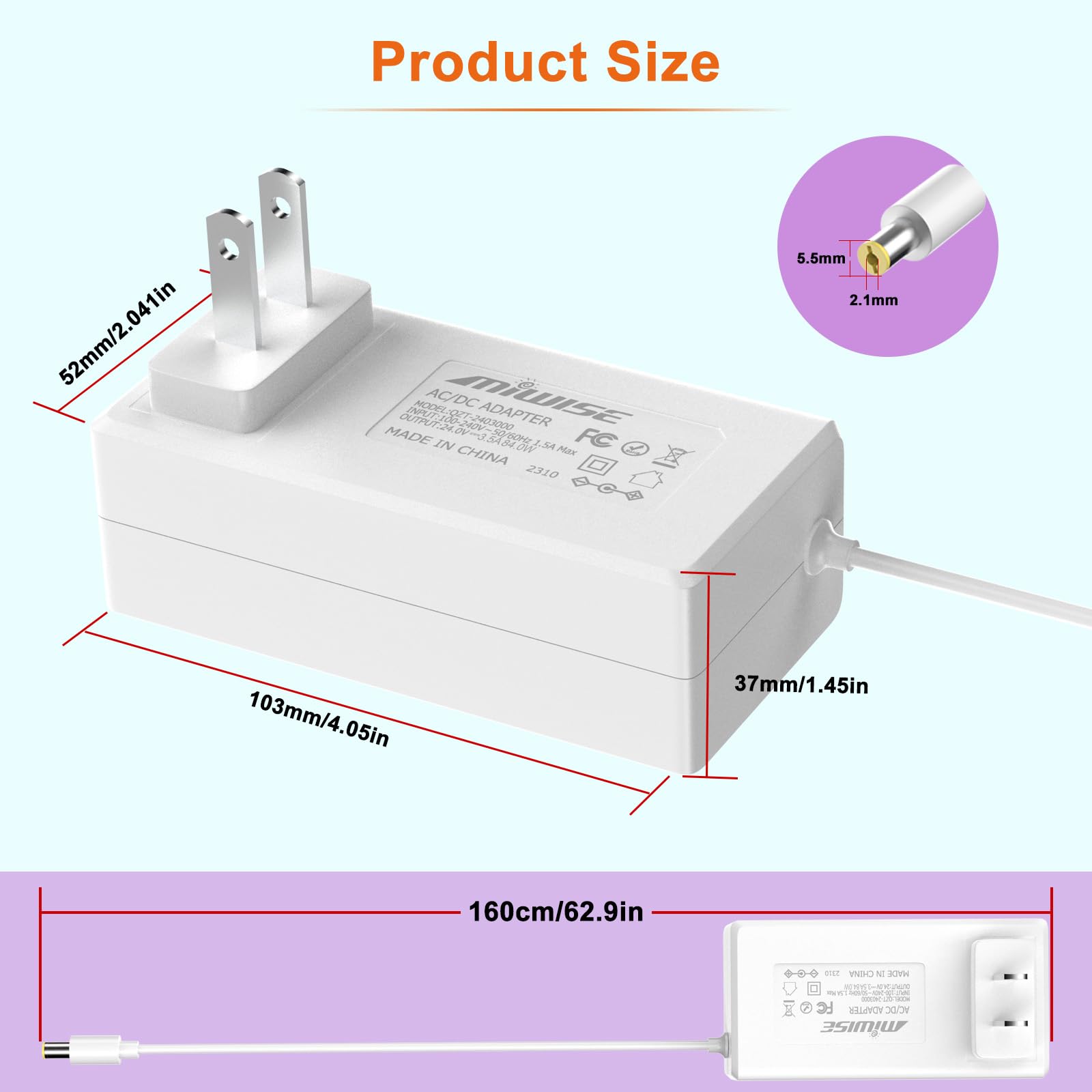PAUTIX 24V 3.5A Power Supply - 84W AC/DC Adapter With 5.5x2.1mm Plug For LED Strips, CCTV Cameras - View #9