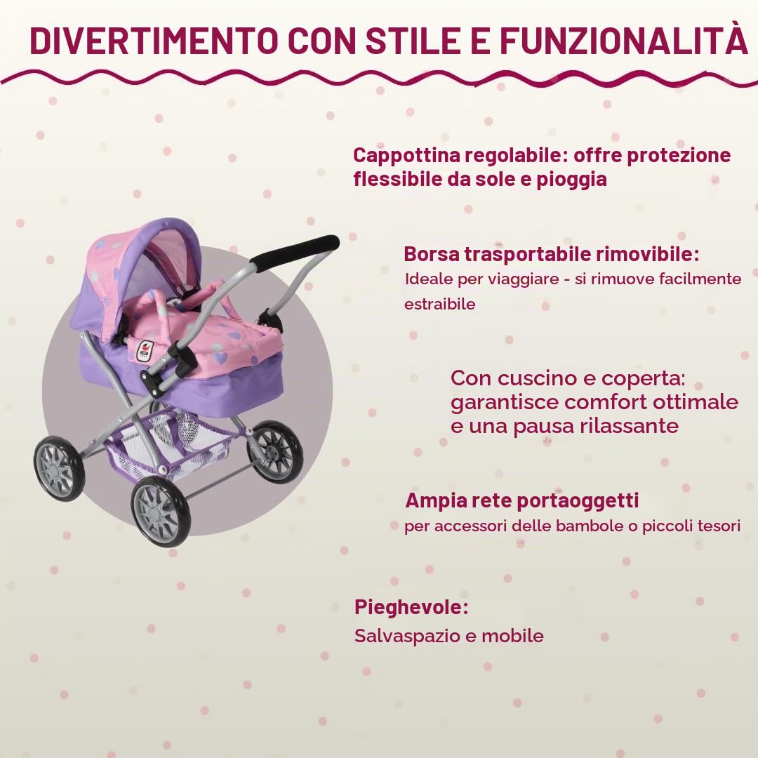 Bayer Chic 2000® Carrozzina per bambole Smarty – Cuoricino viola – Pieghevole – con tettuccia, borsa, cuscino e coperta – Altezza manico 56 cm – Per bambini dai 2 anni in su