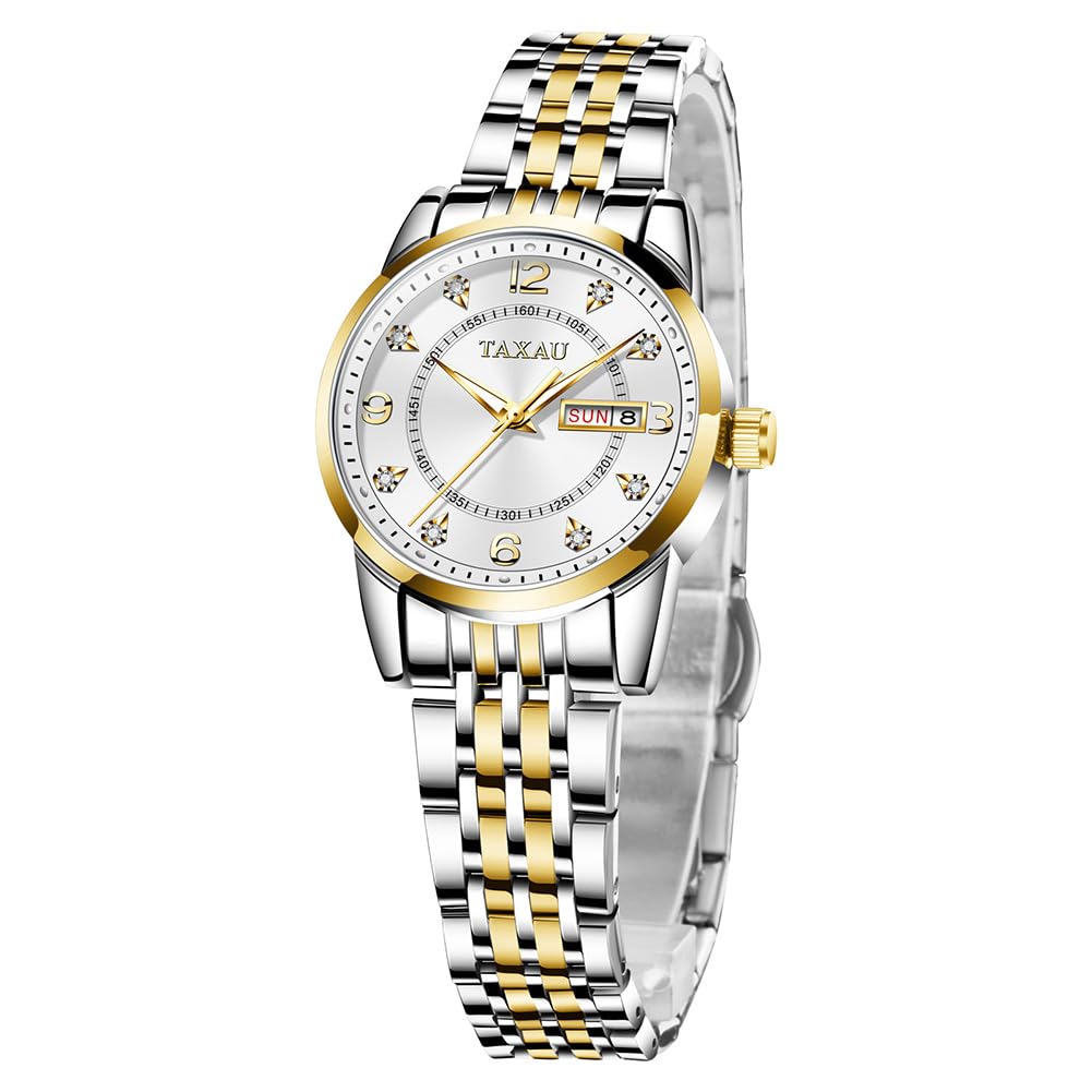 Taxau Armbanduhr Damen Einfach Klein Zifferblatt - Damenuhr mit Datum Wasserdicht - Klassisch Uhr Damen Quarzuhr Gold Silber Edelstahlband