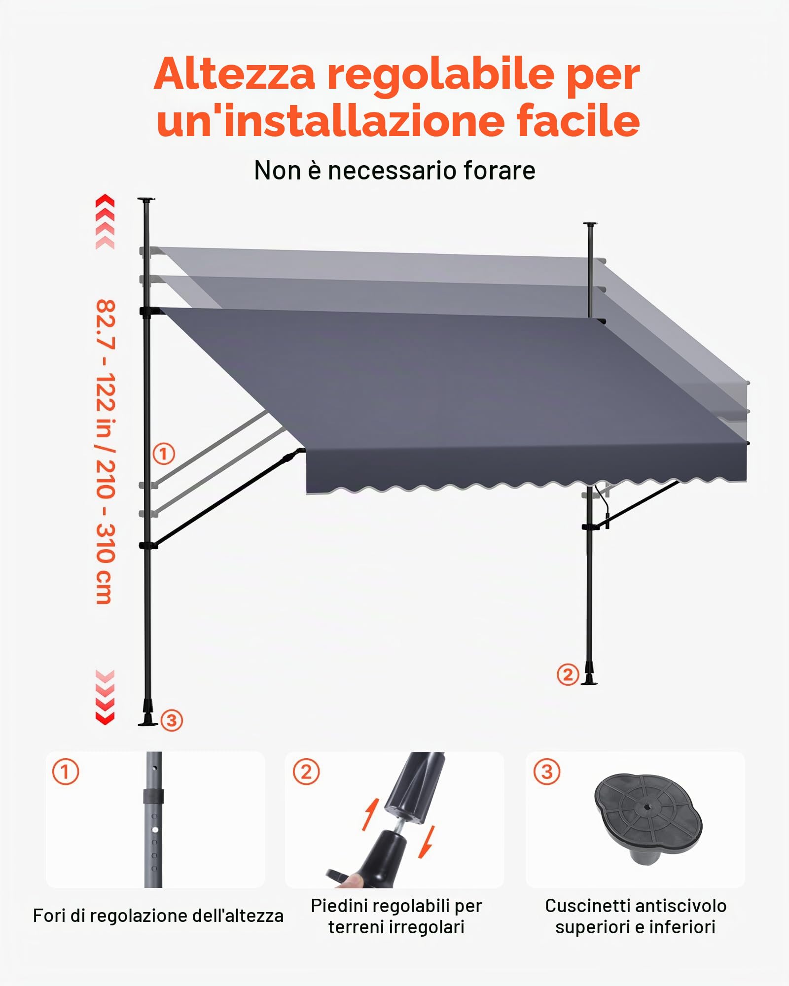 VEVOR Tenda da Sole Retrattile Manuale 300 cm per Esterni da Patio, Tendalino Parasole Retrattile, Grigio Scuro, Altezza Regolabile, con Manovella, per Protezione Cortile Giardino Balcone Terrazza