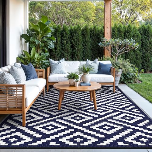 Image of GENIMO Outdoor Rug, Waterproof Plastic Rugs for Patio, 5'x8' Blue White
