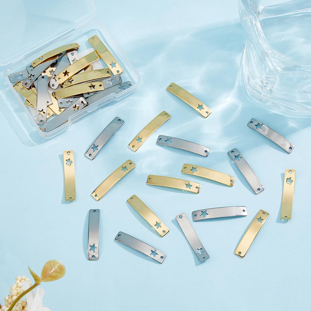 DICOSMETIC 40Pcs 2 Colors Stainless Steel Blank Tags Curved Rectangle Link Charm Metal Stamping Blank Engraved Pendant with Star Bar Link Charms Pendants with 2 Holes for Jewelry Making DIY Craft - Image 4