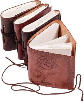 Handmade Leather Bound Book of Shadows Mini Notebook Blank Unlined Small Pocket Tiny Journal For Office Artist Architect Personal Note Vintage Diary for Women and Men Rose Miniature Set of 4