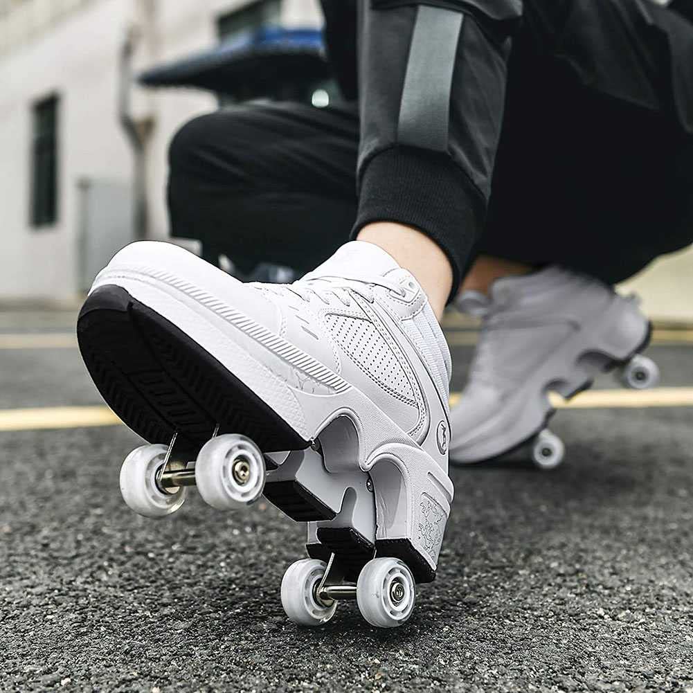 Roller Skates for Women & Men - Outdoor 2 in 1 Parkour Shoes with Wheels for Girls & Boys - Double Row Deform Kick Roller Skates - Quad Skating Shoes for Recreation