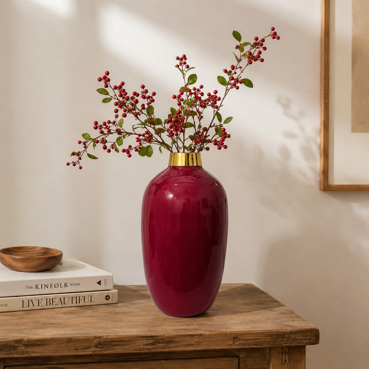 The Unique Designs Metal Flower Vase for Home Decor | Red Wine & Gold Finish with Gold Rim | Modern Decorative Vase for Living Room, Bedroom & Office | 5 x 5 x 12 Inch