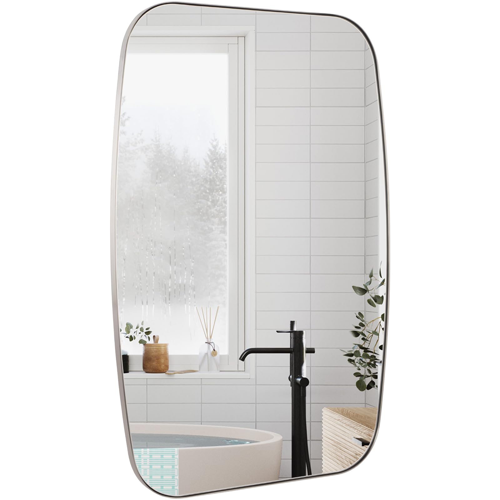 Brushed Nickel Bathroom Mirror 30 48 Oval Vanity Mirror with Stainless Steel Metal Frame Silver Oblong Wall Mount