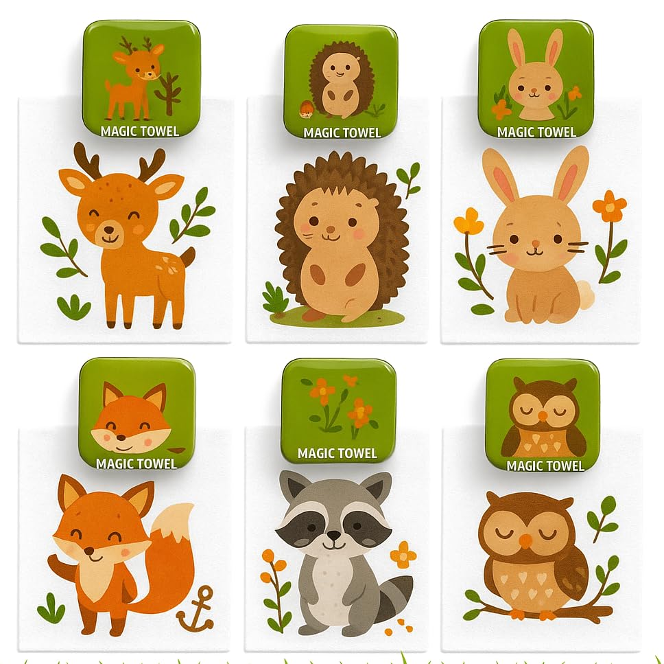 Kamaca Lot de 6 serviettes magiques en coton pour fête d'anniversaire d'enfant (Lot de 6 animaux de...