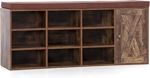 Miniatura 7 de MAISON ARTS Banco de almacenamiento, zapatero con armario de puerta de granero, 9 compartimentos abiertos, cojín para entrada, pasillo, dormitorio,