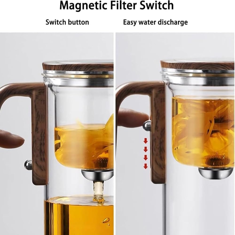 Witchcraft teapot,Enchanti Tea Pot,Magic Teapot with Infuser,Glass teapot with Strainer,Glass Teapot with Infuser,Water Separation Glass Teapot with Wooden Handle (Transparent,720ml+2*Cup)