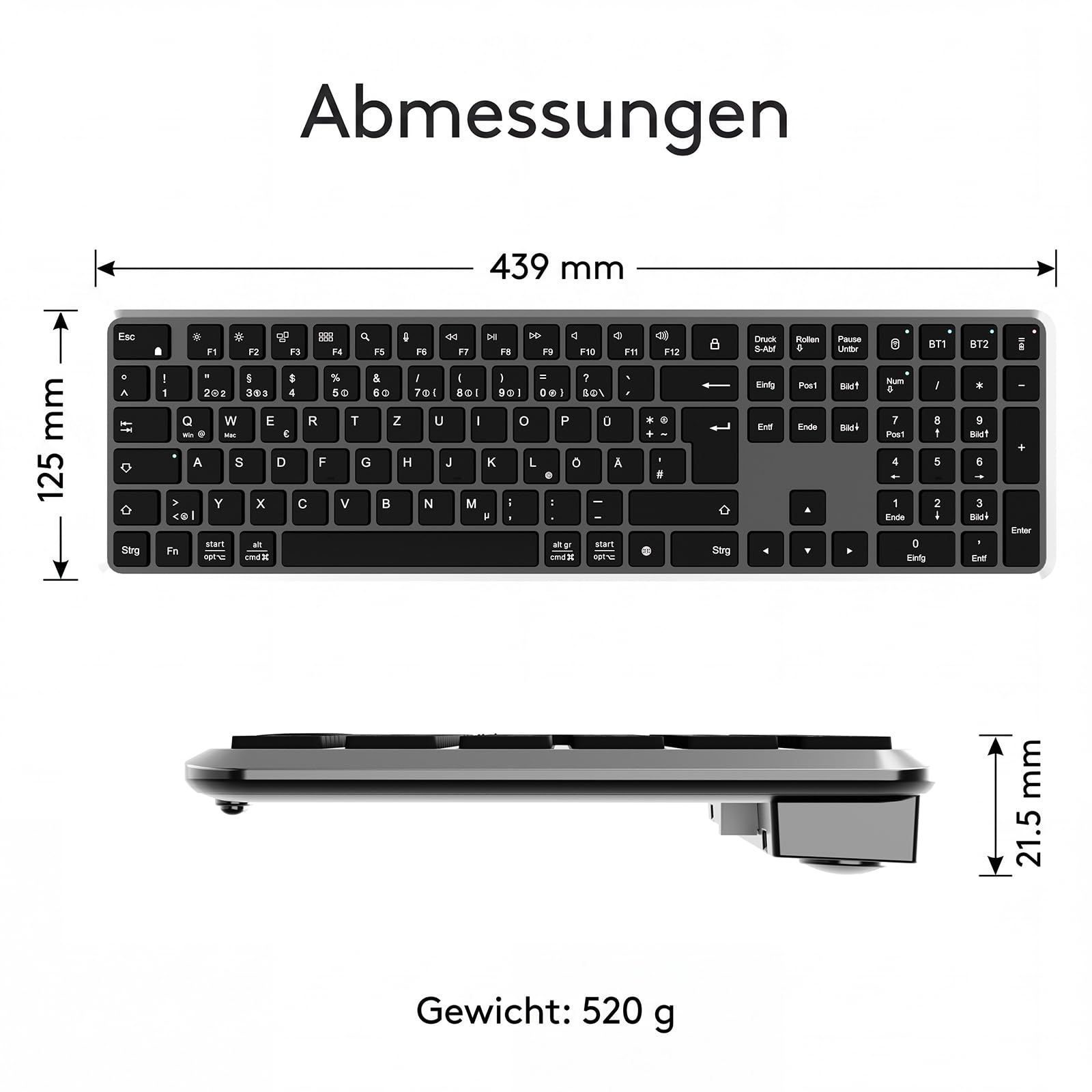 TECURS Kabellose Bluetooth Tastatur (2BT+2.4G), QWERTZ Layout, Schwarz