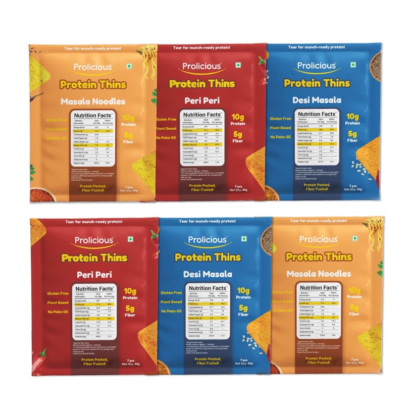 Image of Prolicious Gluten Free Protein Thins Combo | Crispy Healthy Snack Variety Pack | High Protein & Fibre-Rich Gluten Free Snacks | No Maida | Anytime Snacking (Pack of 6, 50g each)